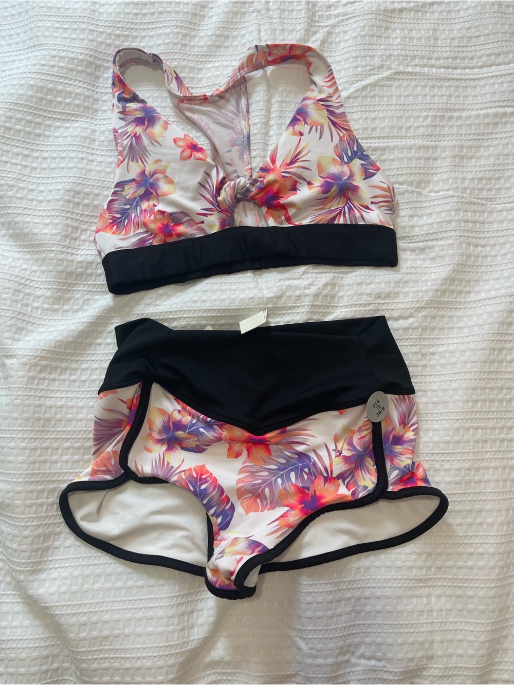 VS PINK Floral Print Two-Piece Gym-To-Swim Set with Black Trim